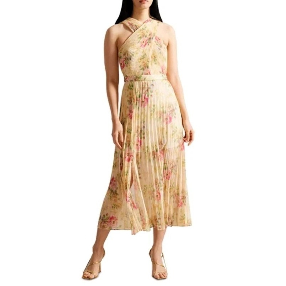 Ted Baker Women Tan Amerah Cross Front Pleated Midi Dress Size 1/US 2-4
